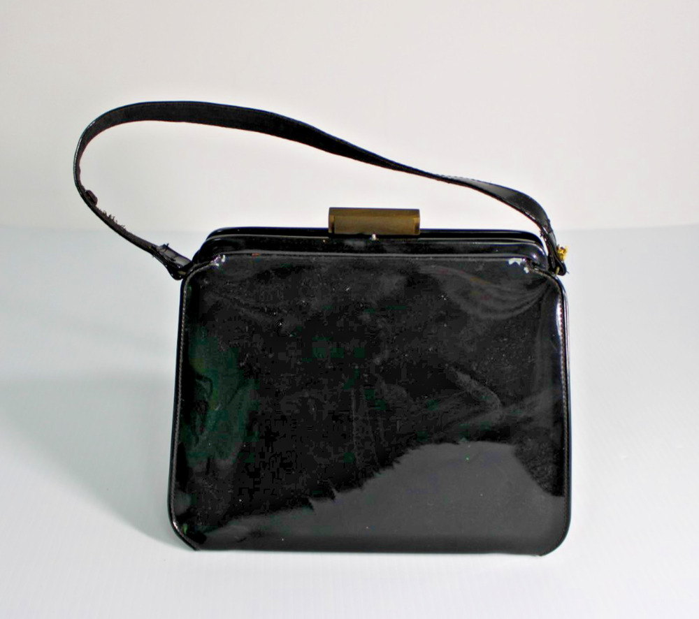 Vintage 1950s 1960s Black Patent Structured Frame Handbag Gold Bar Clasp MCM